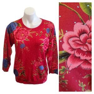 Y2K Cathy Daniels Red Floral Pullover Sweater Roses Rhinestone Knit Top Large